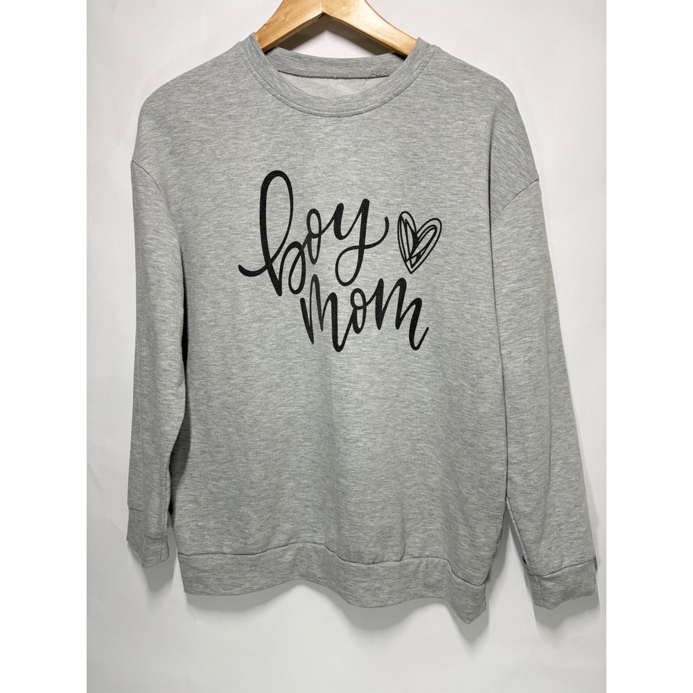 Boy Mom Graphic Sweatshirt Heather Grey Heart Pullover Crewneck Medium